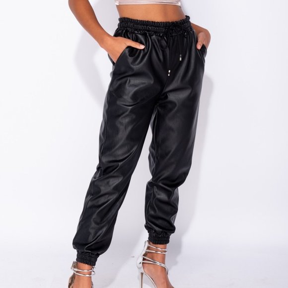 Black Faux Leather Vegan Leather High Waist Loose Fit Joggers Jogger Pants - Picture 8 of 10